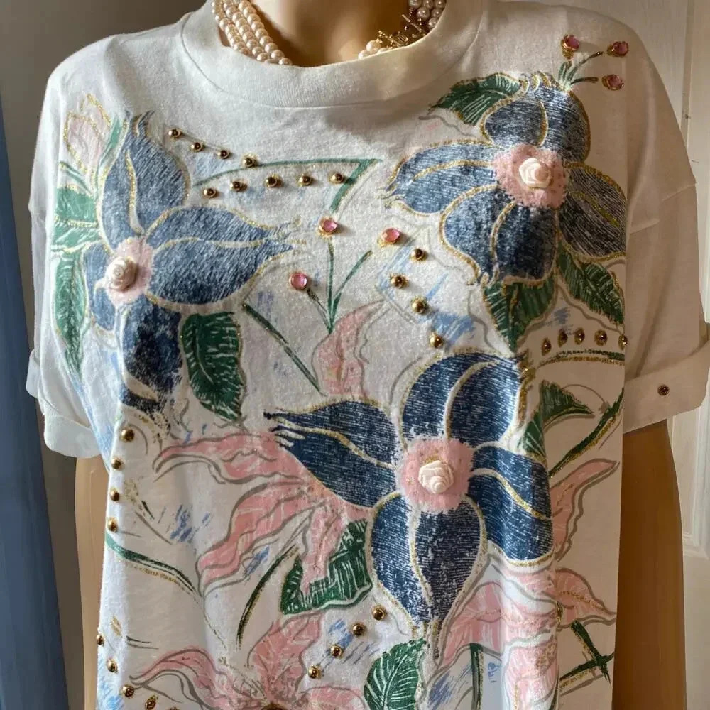 VTG Cottagecore 90s P.G.B. T Shirt Floral Gemstone Embroidery Women Size XL